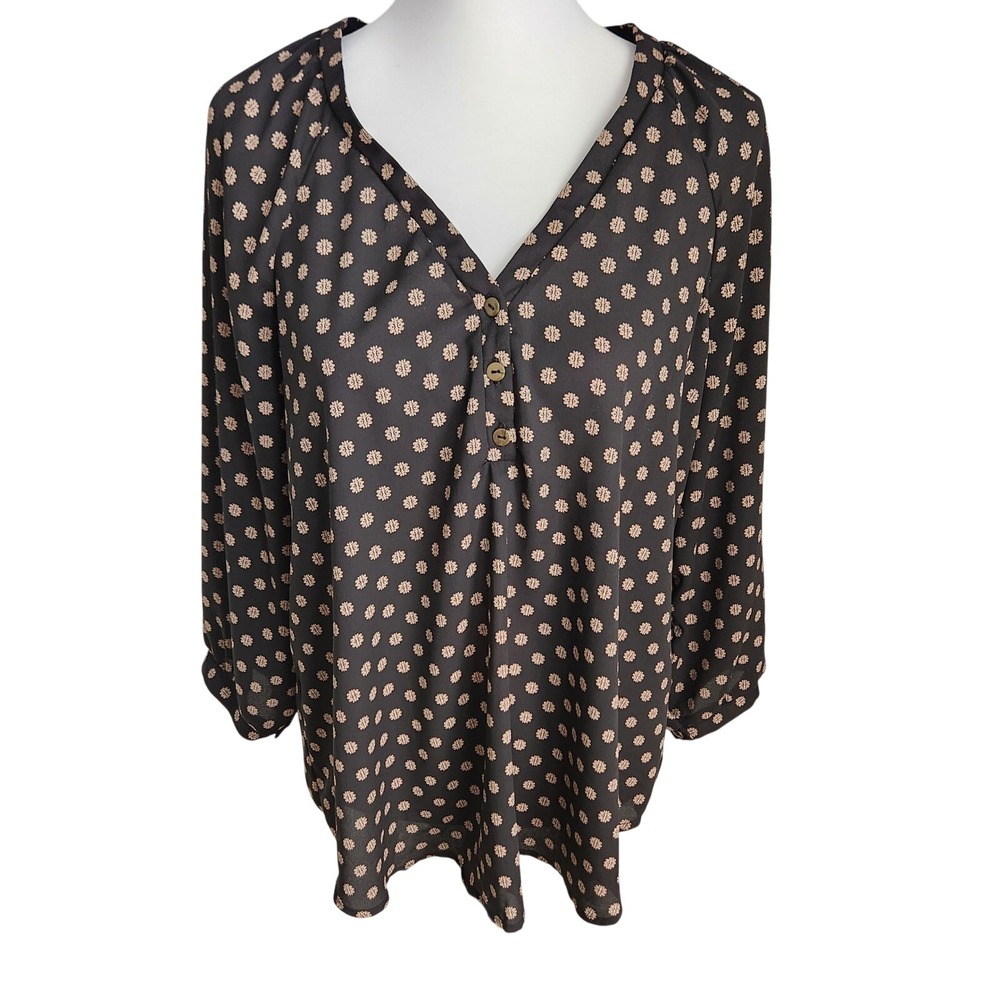 Lush Anthropologie Womens Black w‎ Tan Blouse Top  Floral Print Long Sleeve Lg